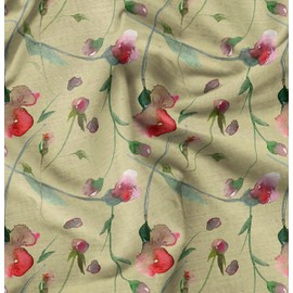 Soimoi Beige Cotton Voile Fabric Leaves & Floral Watercolor Print Fabric by The Yard 42 Inch Wide