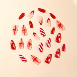 Xmas Snowflake Press on Nails Medium Almond Fake Nails with Santa Hat Designs Red White Stripe Acrylic Nails Bow Stick on Nails Full Cover Christmas False Nails for Women Girls Manicure Art 24Pcs