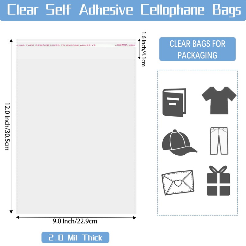QOIUSO 9x12 Inch Self-Sealing Clear Plastic Shipping Bags for Clothes,