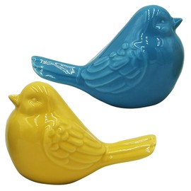 yhcdsea Yellow/Blue Decorative Bird Figurine, Glazed Ceramic Chubby Bird Figure Cottage Animal Bird Statue Decorations for Home Indoor Outdoor Garden Decor Accents Creative Gift 2pcs-Set