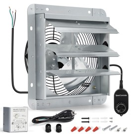 Hipoilk 10 Inch Shutter Exhaust Fan, Wall Mount Attic Fan with Thermostat and Speed Controller for Greenhouses, Sheds, Garages, Chicken Coops, Barns Ventilation, 820 CFM