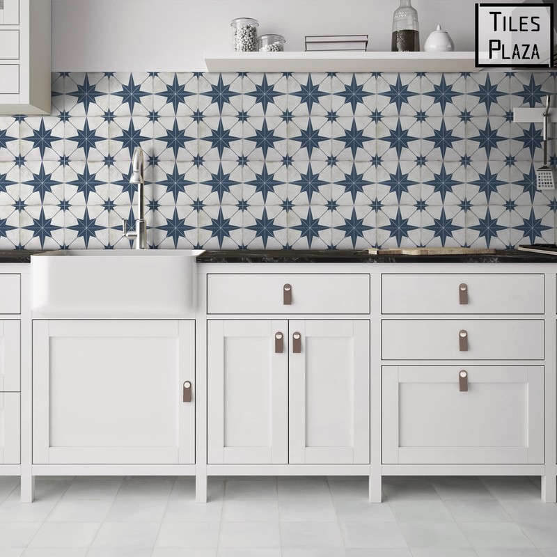 The Tiles Plaza Encaustic Peel and Stick Backsplash, Blue Star