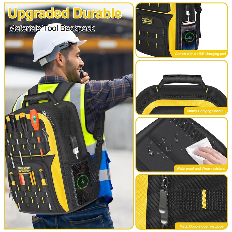 POWSTR 18 in Heavy-duty Tool Backpack with USB Port,Waterproof Electrician
