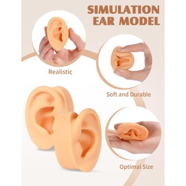2 Pcs Soft Silicone Ear Model, Left and Right Flexible Fake Ear for Earrings Display, Realistic Ear Model for Piercing Practice, Acupuncture Teaching Tool (Medium Skin Tone)