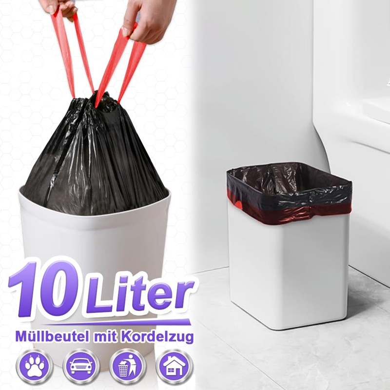 AOSULI Black Bin Liners 10 L with Drawstring Small Bin