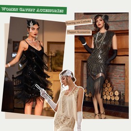 6 Pieces 1920s Accessories for Women, Roaring 20's Flapper Great Gatsby Accessories Set with Headband Long Gloves Pearl Necklace Bracelet Earrings Handheld Holder for Ladies Girls Party Prom