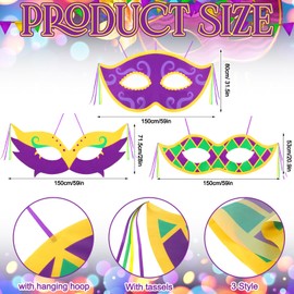 VioraWhite 3 Pcs 59 x 30 Inch Mardi Gras Outdoor Decorations Large Mardi Gras Hanging Mask Banner Purple Green Yellow Porch Sign for Front Entrance Fence Balcony Masquerade New Orleans Carnival Party