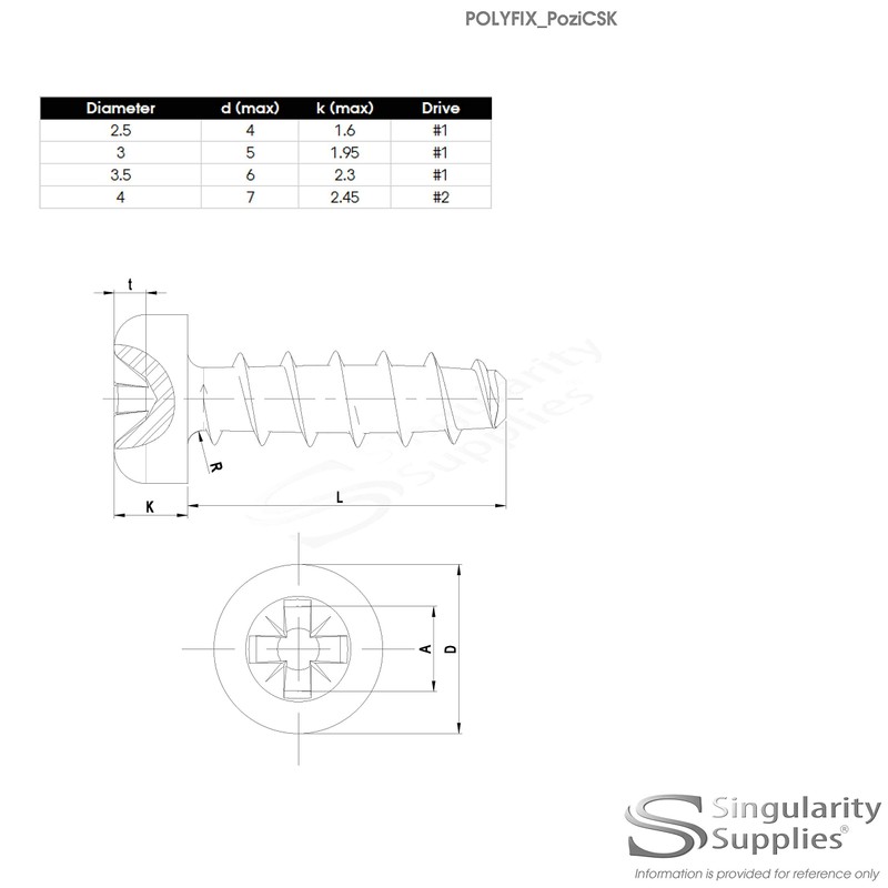 D3 (3mm x 16mm) Pozi Countersunk Screws for Plastic (Trilobular)