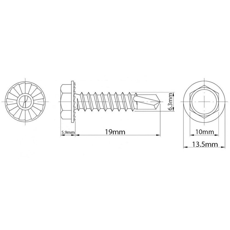 (6.3mm x 19mm) Self Drilling Screws Hexagon Serrated Washer Head