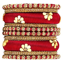 Aheli Synthetic Stone Studded 2.6 Inch Red Silk Thread Bangles Set Ethnic Fashion Jewellery Gift for Women