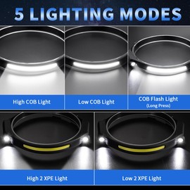 Headlamp Rechargeable 5Pack, 230° Wide Beam Head Lamp with 2 Spotlights, LED Headlamp with Motion Sensor, 5Mode Rechargeable Headlamp, Head Lights for Forehead, Headlamps for Adults Running Hard Hat
