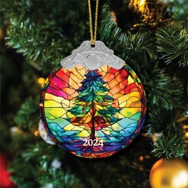 Christmas Ornaments 2024, Christmas Tree Decor, Stained Glass Style for Tree Decor 2024, Christmas Tree Forest Ornaments Round Acrylic. (Christmas Tree)