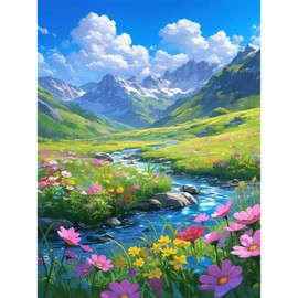 UNIQUORS Scenery Diamond Painting Kit for Adults 5D Diamond Painting Mountain Flowers Beginners DIY Blue Sky White Clouds Craft Round Full Diamond Landscape Home Office Wall Decor (30x40cm)