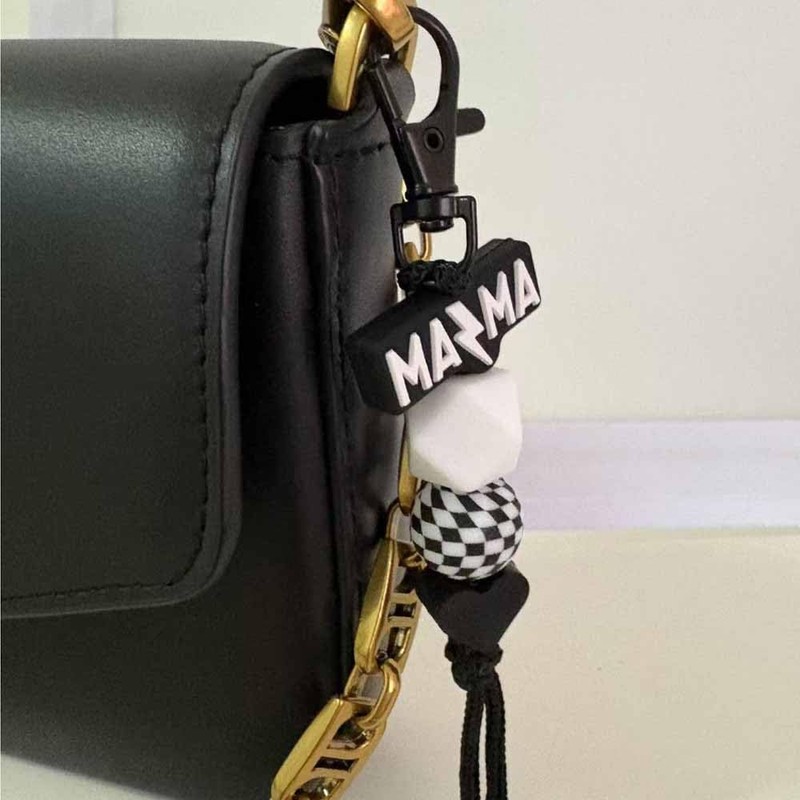 Lemua Black Mom Keychain Silicone Beaded Mama Keychain Checkered Accessories