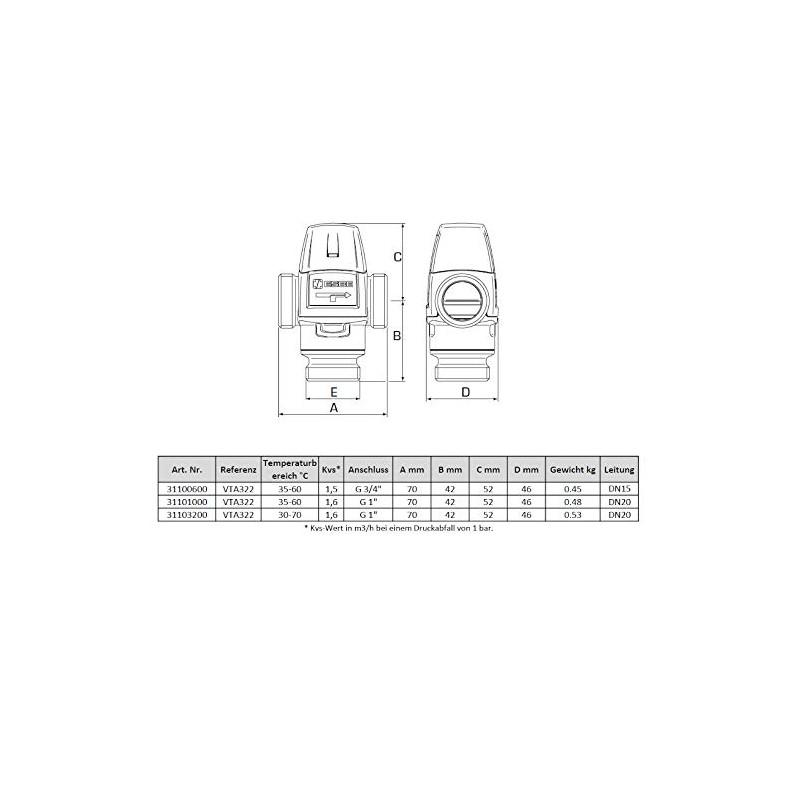 'Mixer Esbe VTA32235-60°C, 3/4Male PN10, Max 95°C 1.5KVS