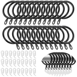 Alaoo 45 Pack Curtain Rings, Metal Drapery Curtain Rings with 50 White Plastic Hooks for Curtain Poles Rod Shower Curtain, 30 mm Internal Eyelets Diameter, Black