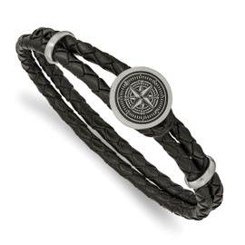 Men's Brushed Stainless Steel and Braided Leather Compass Bracelet, 8.5 Inches