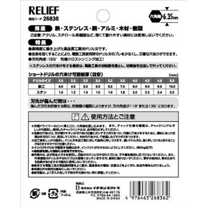 Relief (Relief) 10 Piece Hex Shank Short Drill Set Aircraft For