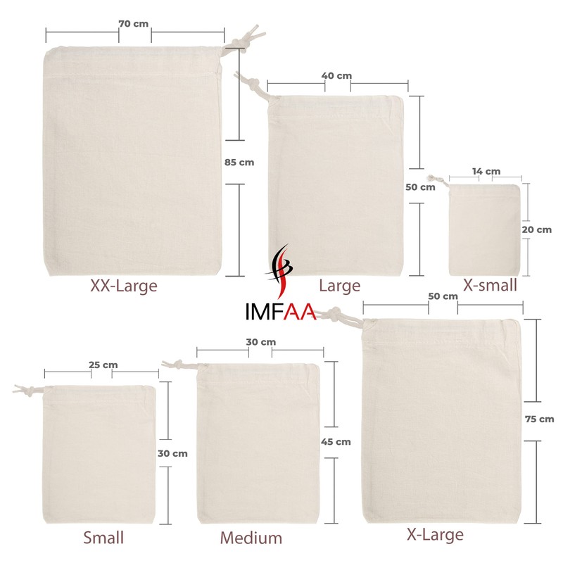 IMFAA Plain Drawstring/Sack/Stocking/Storage/Laundry/Muslin 100% Cotton Shopping Bags in 6 Sizes