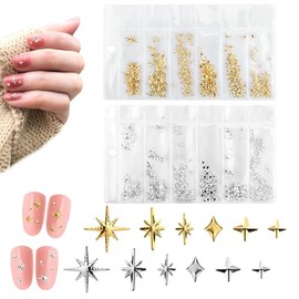 Nail Charms Set | Gold and Silver Star Shapes with Gold Heart Gems | Durable Metal | Assorted Styles | for Nail Art, Crafts, DIY Decorations, it is an ideal gift for family, friends, or classmates