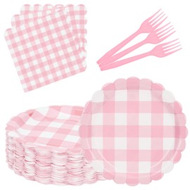 105 Pcs Pink Gingham Plates and Napkins, Pink and White Checkered Plates Scalloped Plaid Plate for Dinner Birthday Baby Shower Wedding Supplies Serve 35 Guests