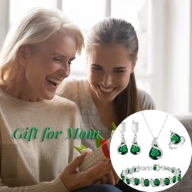 GZWHD Jewelry Set for Women Created Green Emerald Necklace Earrings Open Ring Bracelet White Gold Plated Jewelry Birthday Anniversary Engagement Wedding Gift for Lover Wife Friends Mother Girlfriend Bride