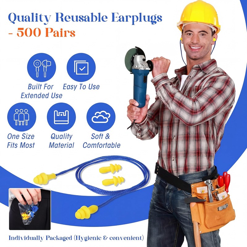 500 Pairs Corded Ear Plugs Bulk 25dB NRR with String,Blue