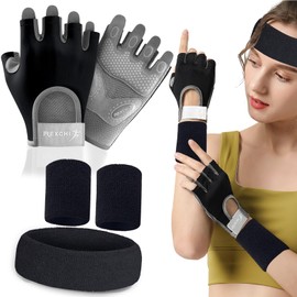 QMCZLA 3pcs Guantes Deportivos - 2 Colores Guantes Gym Guantes de Medio Dedo Antideslizantes Diseño Transpirable con Muñequeras y Diadema Deportiva para Deportes y Fitness 3 Tamaños(Negro, Large)