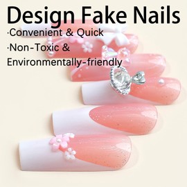FOXIIU Press on Nails Coffin Long Length Glossy Full Cover Acrylic Coffin Shape French False Nails with Gems Designs Ballerina Artificial Square Fake Nails with Charms Stick on Fingernails for Women