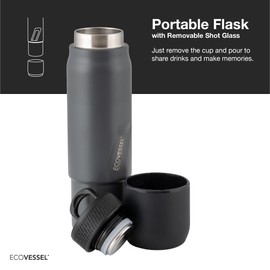 EcoVessel Stainless Steel Flask with Removable Shot Cup, Vacuum Insulated Bottle for Hot and Cold Drinks, Thermos with Folding Handle for Travel and Camping, 8oz (Stone)