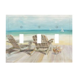 Spshian Light Switch Cove Beach Chair Seascape Blue Ocean 3 Gang Wall Plate Triple Light Switch Plate Modern Coastal Toggle Decorative Outlet Covers Electrical Switchplate for Bathroom Decor