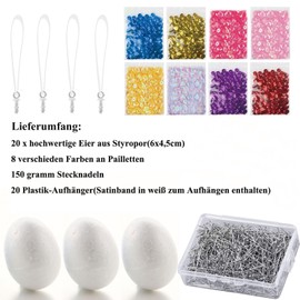 HOECMRHP Easter Eggs Styrofoam Craft Set, 20 Decorative Sequin Eggs for Hanging and Easter Decoration, Easter Styrofoam Eggs Craft Set, Colourful Sequin Pins, Easter Decoration for Decorating