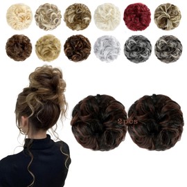 FeidyLong 2 PCS Messy Bun Hair Piece Wavy Curly Scrunchies Synthetic Chignon Ponytail Hair Extensions Thick Updo Hairpieces for Women Girls(Natural Black Mix Dark Auburn)