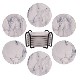 Absorbent Ceramic Coaster Sets of 6 with Holder, Marble Style Coasters with Cork Backing for Tabletop Protection, No Scratch for Kitchen Living Room Office Bar, Housewarming Gift