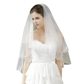 2 Tier Wedding Bridal Veil with Crystals Short Lace Veil with Comb Bride Wedding Veil Handmade White Wedding Veil Sequins Bride Veil for Pretty Girls Princess Queen