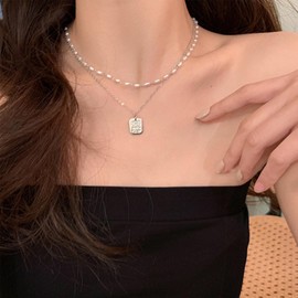 Allereya Vintage Double Layered Pearl Necklace Silver Pearl Choker Necklace Layering Tag Pendant Necklace Pearl Square Necklace Jewelry for Women and Girls