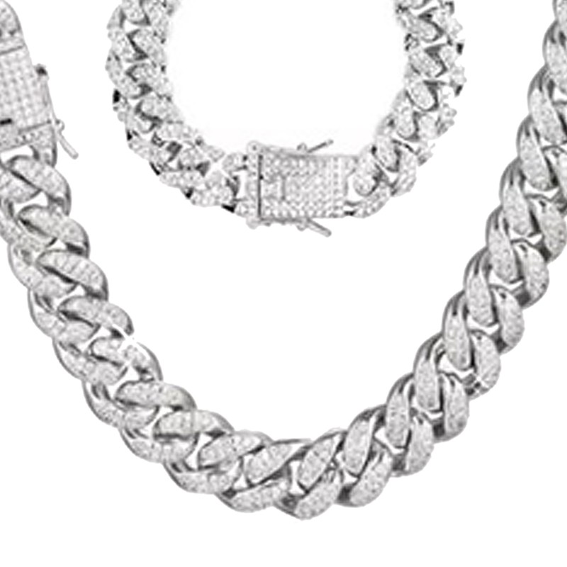2Pcs Cuban Link Chain Rhinestone Necklace Bracelet Set Gift for