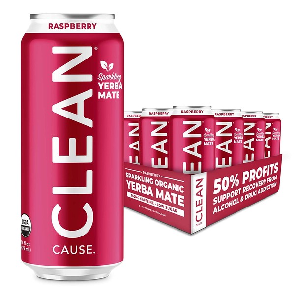 Raspberry Sparkling Yerba Mate - Organic, Low Calorie & Low Sugar (160mg Caffeine), 16oz cans, 12-pack - CLEAN Cause - 50% Profits Support Alcohol & Drug Addiction Recovery