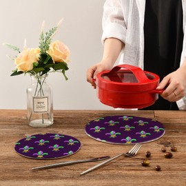 Naanle 2 Pcs Mardi Gras Carnival Fleur-de-lis Purple Round Woven Pot Holders Trivets Set, Cotton Coasters Placemats for Cooking Baking Hot Dish Pan Pot Bowl Teapot(7&9 Inches Diameter)
