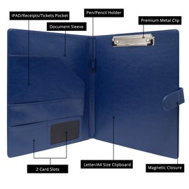GraduationMall A4 Writing Case with Clipboard - Blue Portfolio Padfolio - Magnetic Closure + PU Leather - Document Folder for Business