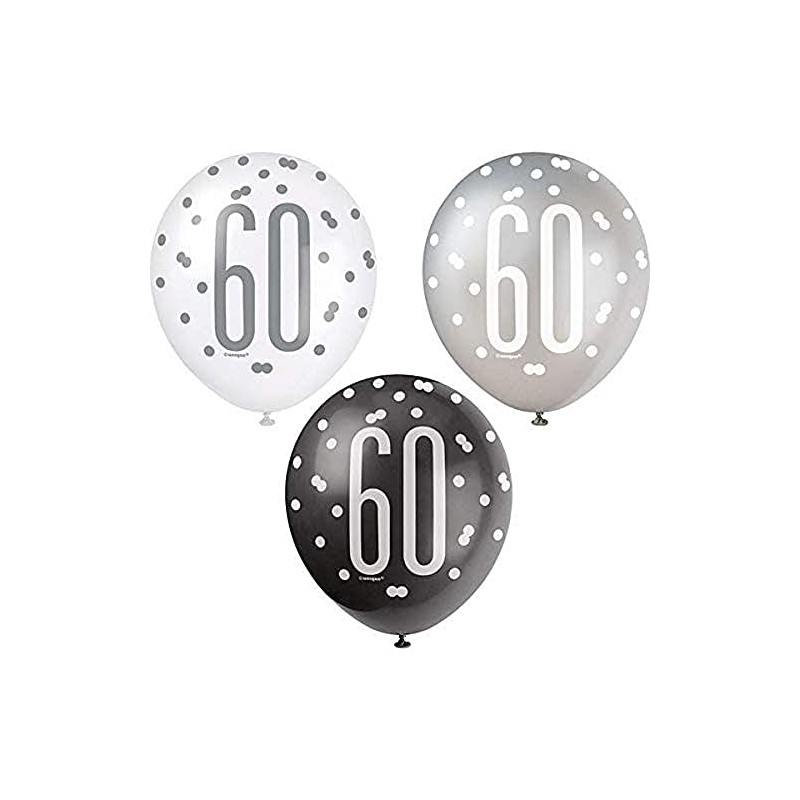 Dazzling 60th Glitz Black, Silver & White Premium Latex Balloons