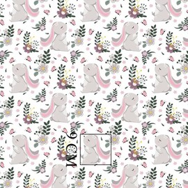 Rabbit 100% Cotton Fabric, Children, Sold by the Metre, Craft, Sewing Fabric (Habbit, Butterfly, Flower, White, 100 x 160 cm)