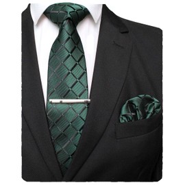 Jemygins Men’s Wedding Checked Ties and Handkerchiefs - Plain Set with Tie Clips - Various Colours - dark green, size: m