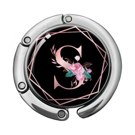 KANGYUSO Pink Initial Foldable Purse Hook, Flower Letter Handbag Hanger, Women's Bag Hanger Hook, Round Purse Table Hook, Funny Desk Hook Gift for Family Colleague Friend Office Worker (Flower S)