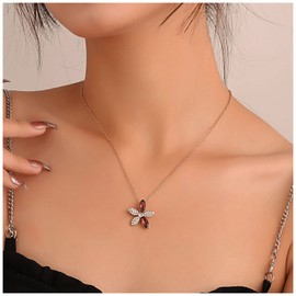 Inateannal Vintage Rhinestone Flower Necklace Crystal Flower Pendant Necklace Red Crystal Chain Necklace Gold CZ Flower Chain Necklace Jewellery for Women and Girls