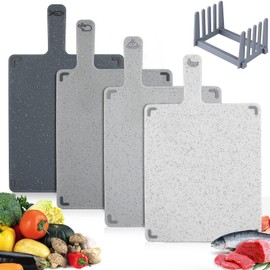 KEMDH Chopping Boards Set with Stand, Plastic Chopping Boards for Kitchens with Non-Slip Feet, BPA Free, Small Cutting Boards for Meat and Fish, Vegetables and More, Kitchen accessorie (Grey)