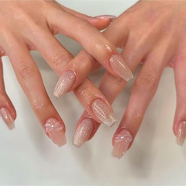 KQueenest Glitter Press On Nails Short Medium Coffin, Shinny Fake Nails Press ons With 3D Bow Sculpting Design Sparkle Bling Glue On Nails Medium Stick On Nails For Women 24 Pcs, Nude Pink