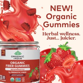 ORGANIC INDIA Fiber Gummies for Adults - Prebiotic Fiber, Dietary Supplement, Digestive Health for Men & Women, Vegan, Low Sugar, Non-GMO - Strawberry, 60 Gummies