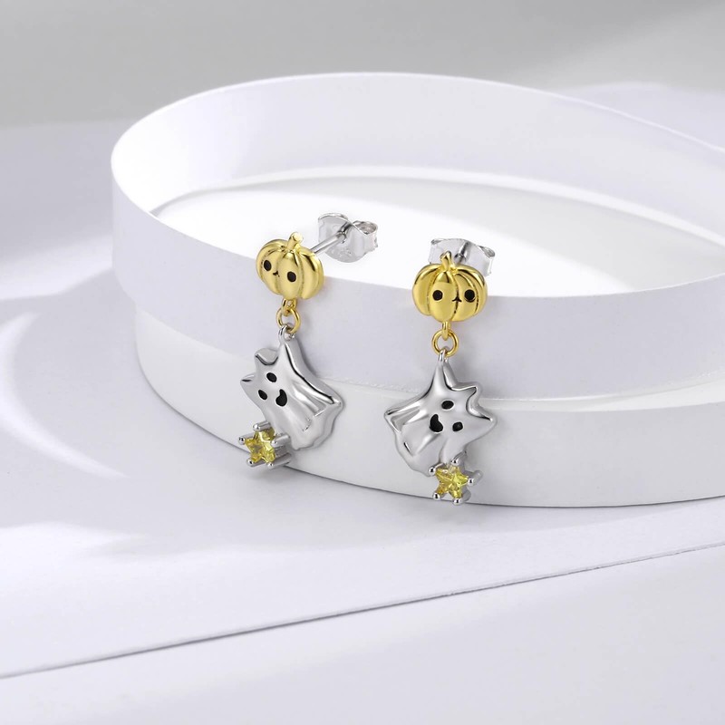925 Sterling Silver Halloween Earrings Cute Pumpkin Ghost Stud Earrings