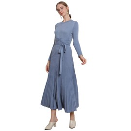 RanRui Pleated Knitted Fit and Flare Sweater Dresses Womens Round Neck Long Sleeve Knit Dresses high Waist Long Sweater Dress Soft Warm Belt Fitted Maxi Dresses Winter Dress 1302(A-Haze Blue,12-14)